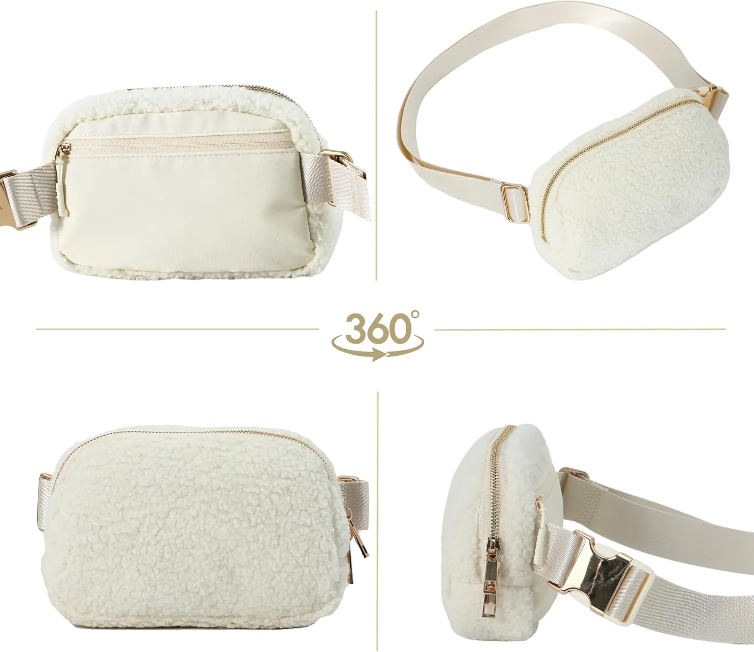 FORZAROCKET Fleece Boutique Belt Bag w/Long Strap 70"  Chic Crossbody Bag w/Extended Strap  Sherpa Women Fanny Pack  Gold Two-Way Zipper  Travel & Plus Size Friendly, Cream White w/Gold Hardware