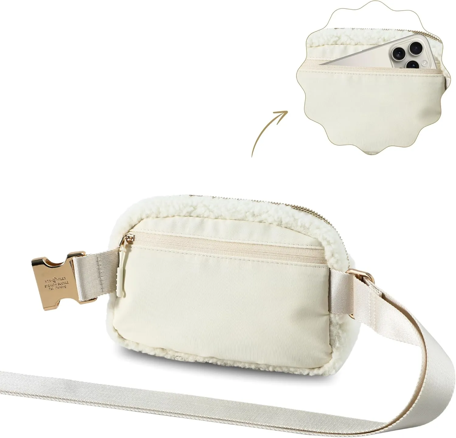 FORZAROCKET Fleece Boutique Belt Bag w/Long Strap 70"  Chic Crossbody Bag w/Extended Strap  Sherpa Women Fanny Pack  Gold Two-Way Zipper  Travel & Plus Size Friendly, Cream White w/Gold Hardware