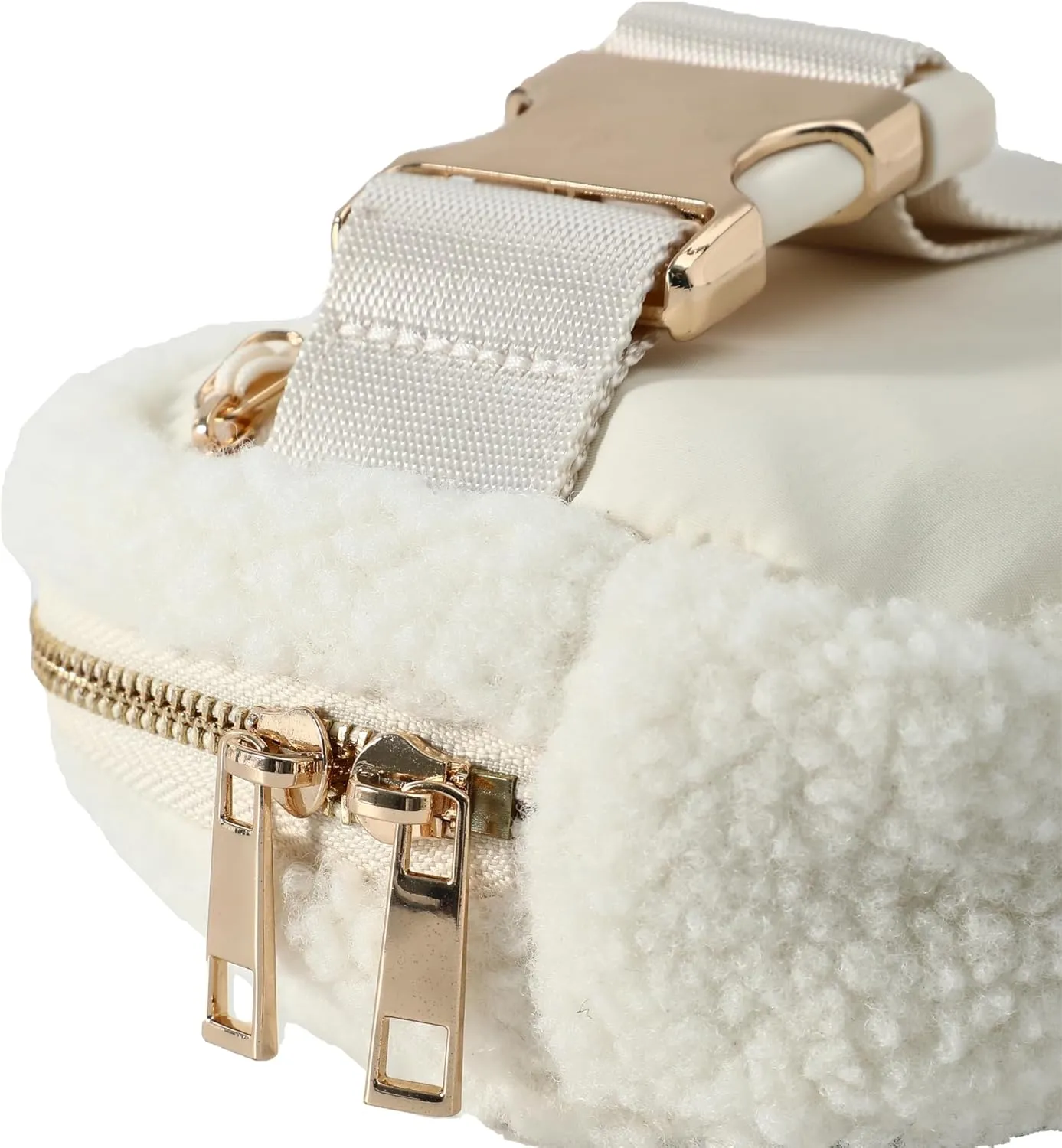 FORZAROCKET Fleece Boutique Belt Bag w/Long Strap 70"  Chic Crossbody Bag w/Extended Strap  Sherpa Women Fanny Pack  Gold Two-Way Zipper  Travel & Plus Size Friendly, Cream White w/Gold Hardware