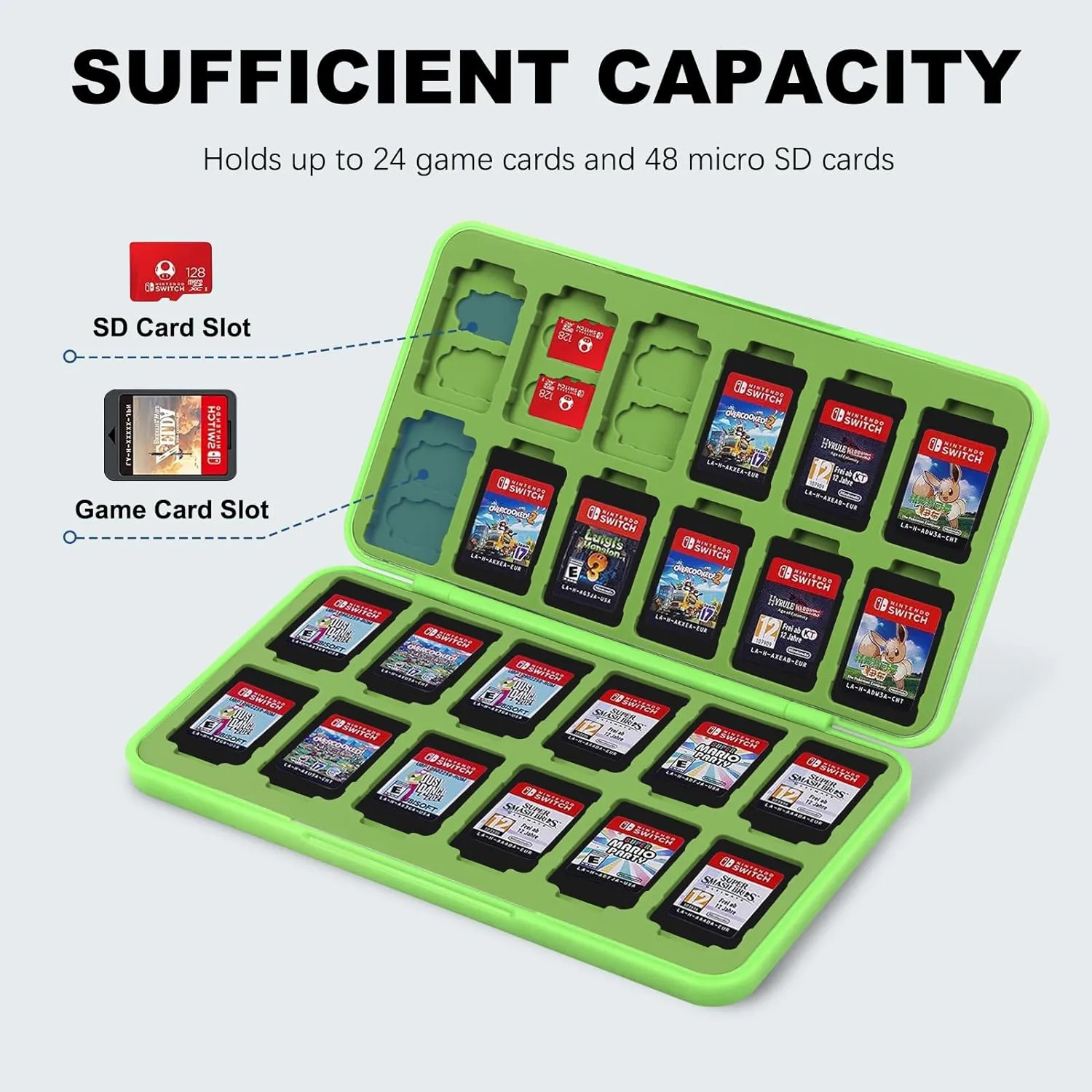 FYY Nintendo Switch Game Holder for 24 Cartridge & 48 Micro SD Card Slots, Green Hard Case