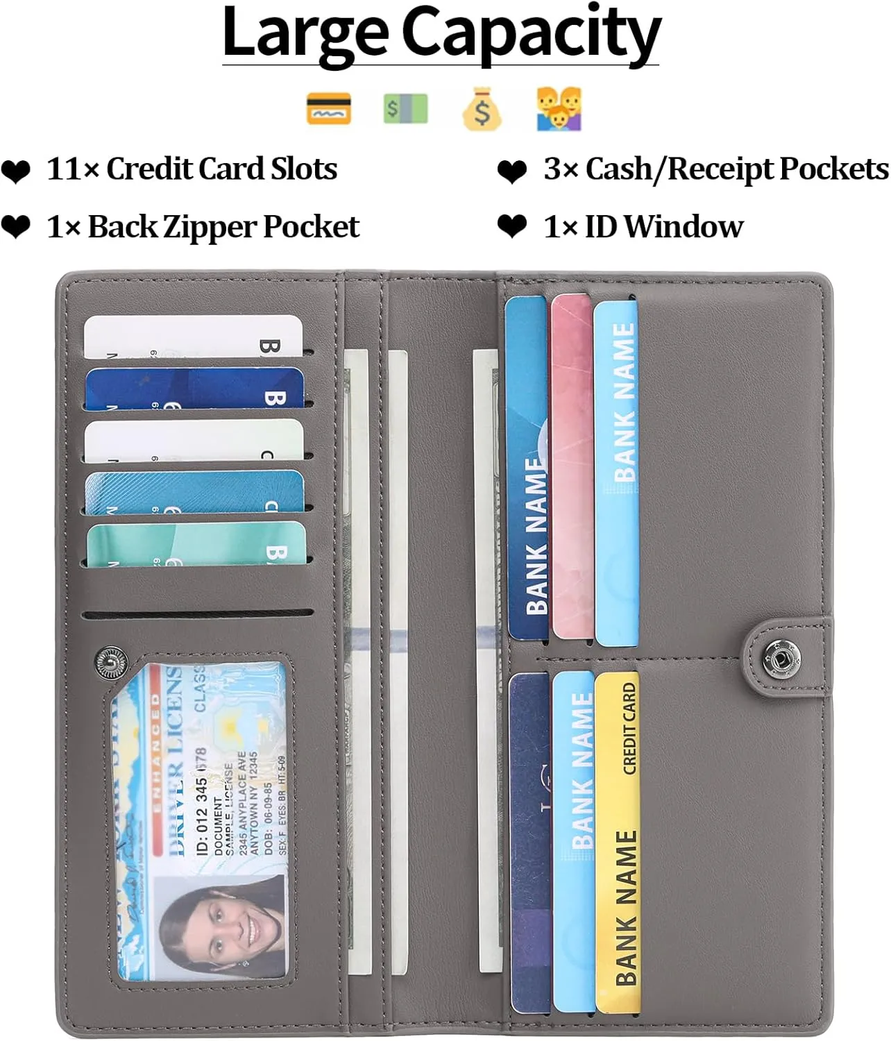 GAEKEAO Wallets for Women Ultra Slim Thin PU Leather RFID Blocking Credit Card Holder Bifold Long Ladies Wallet Billfold Clutch