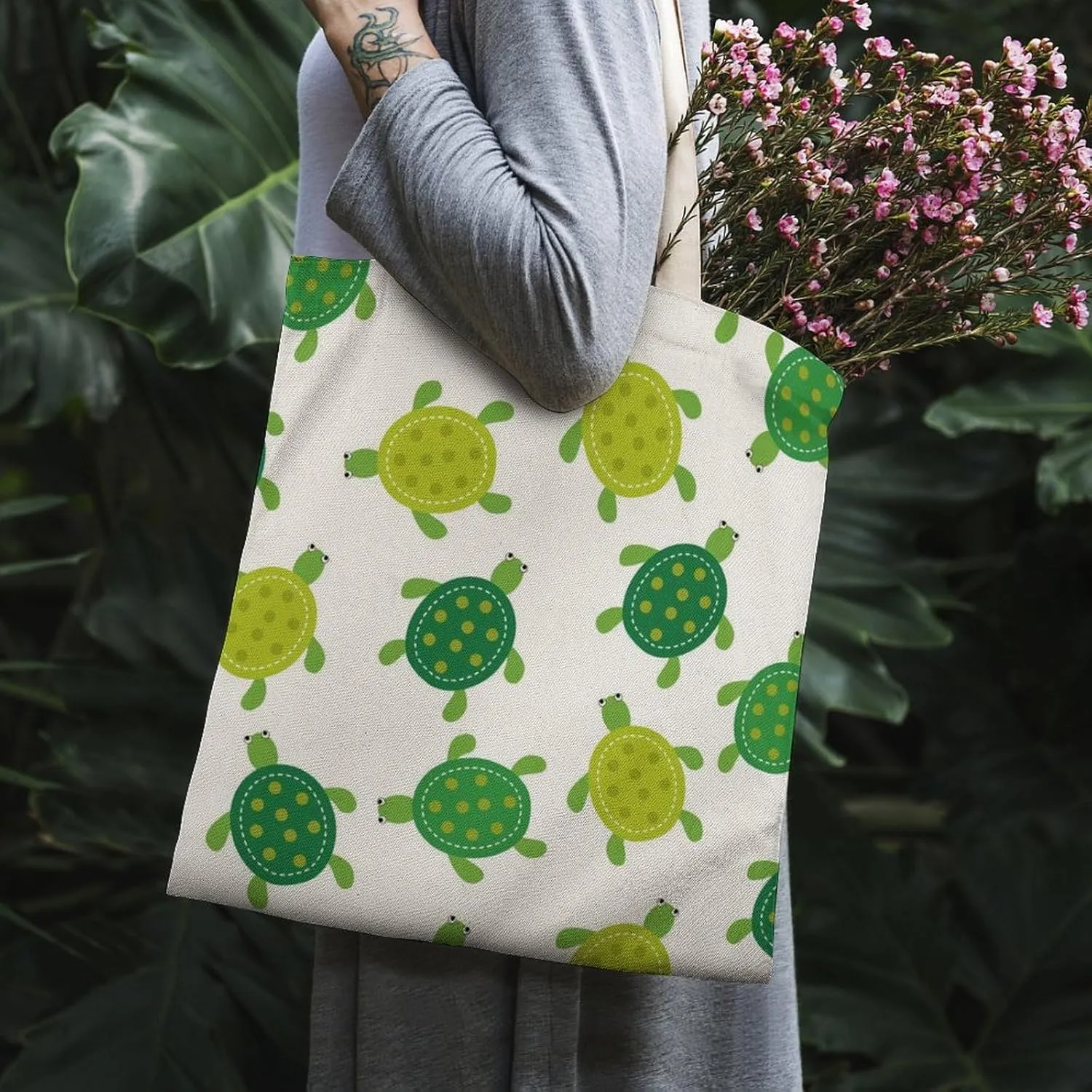 Green Boston Terrier Dogs Large Capacity Portable Casual Single Shoulder Canvas Tote Bag