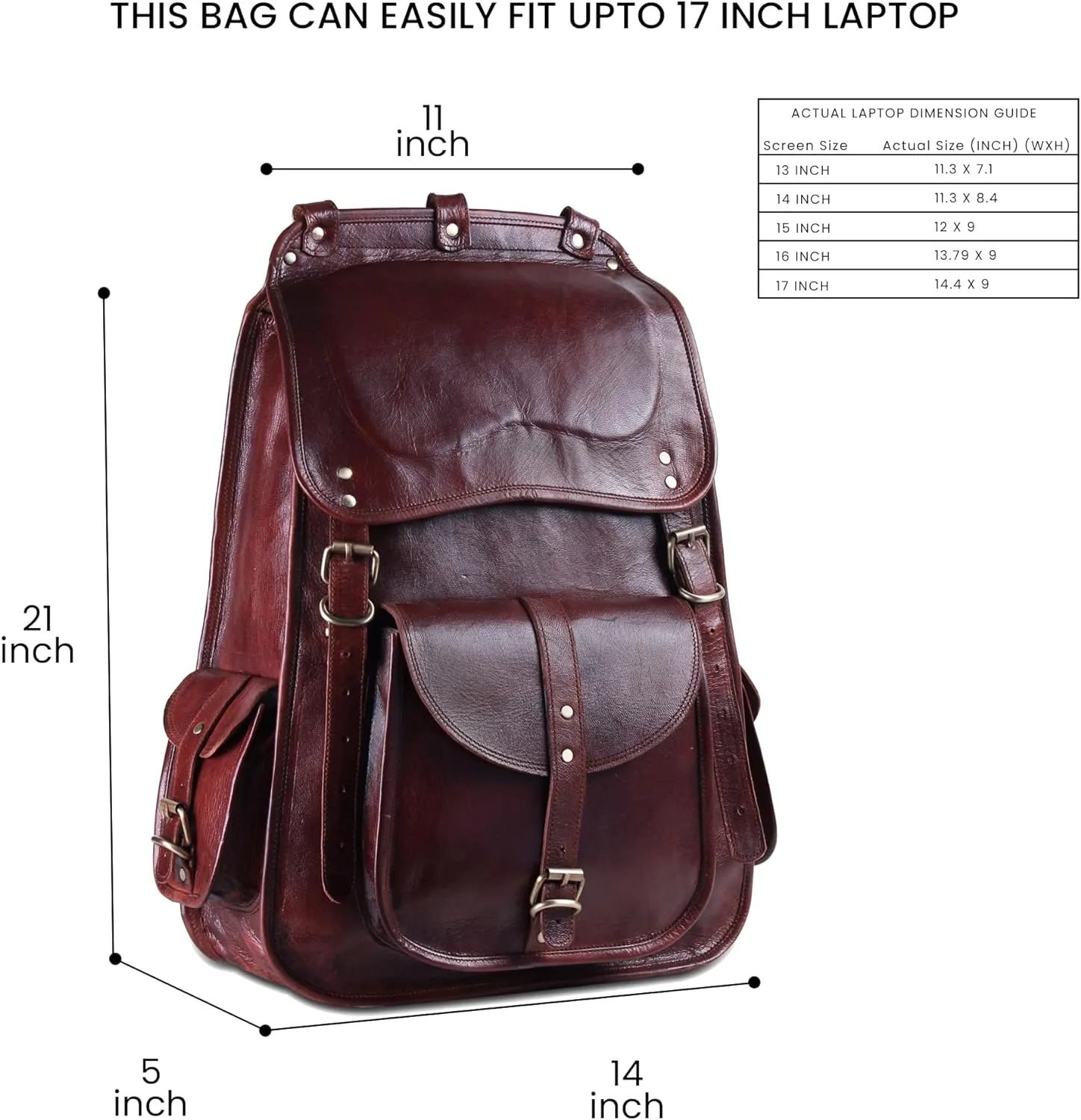 Handmade World Vintage Full Grain 21 Inch Leather Laptop LARGE Backpack Casual Bookbag Daypack Travel Rucksack (Brown)