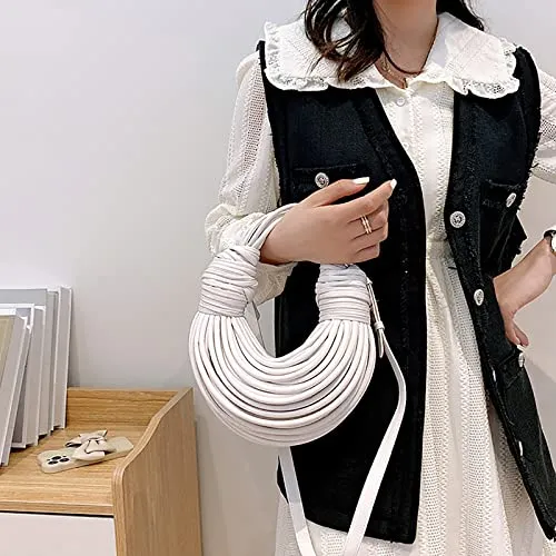 knotted woven tote bag handbag for women Woven Handbag Purse for Women Handwoven Satchel Clutch Purse (White)