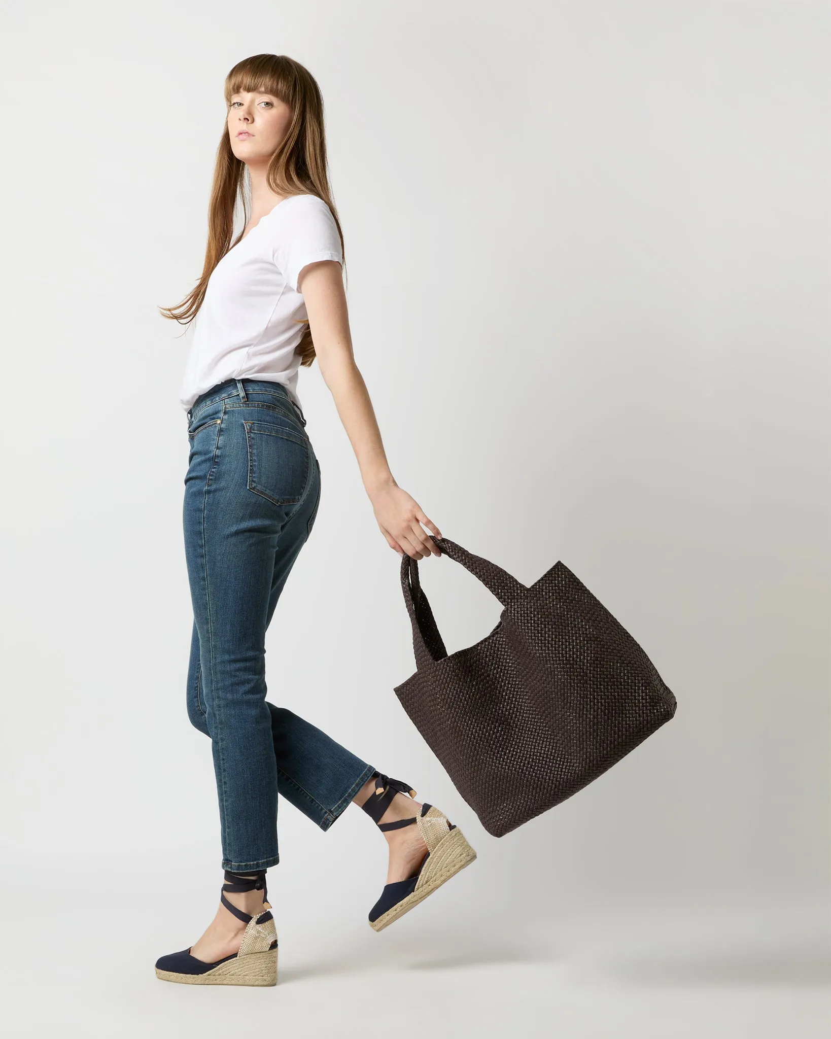 Large Mercato Handwoven Tote in Dark Brown Coated Cotton