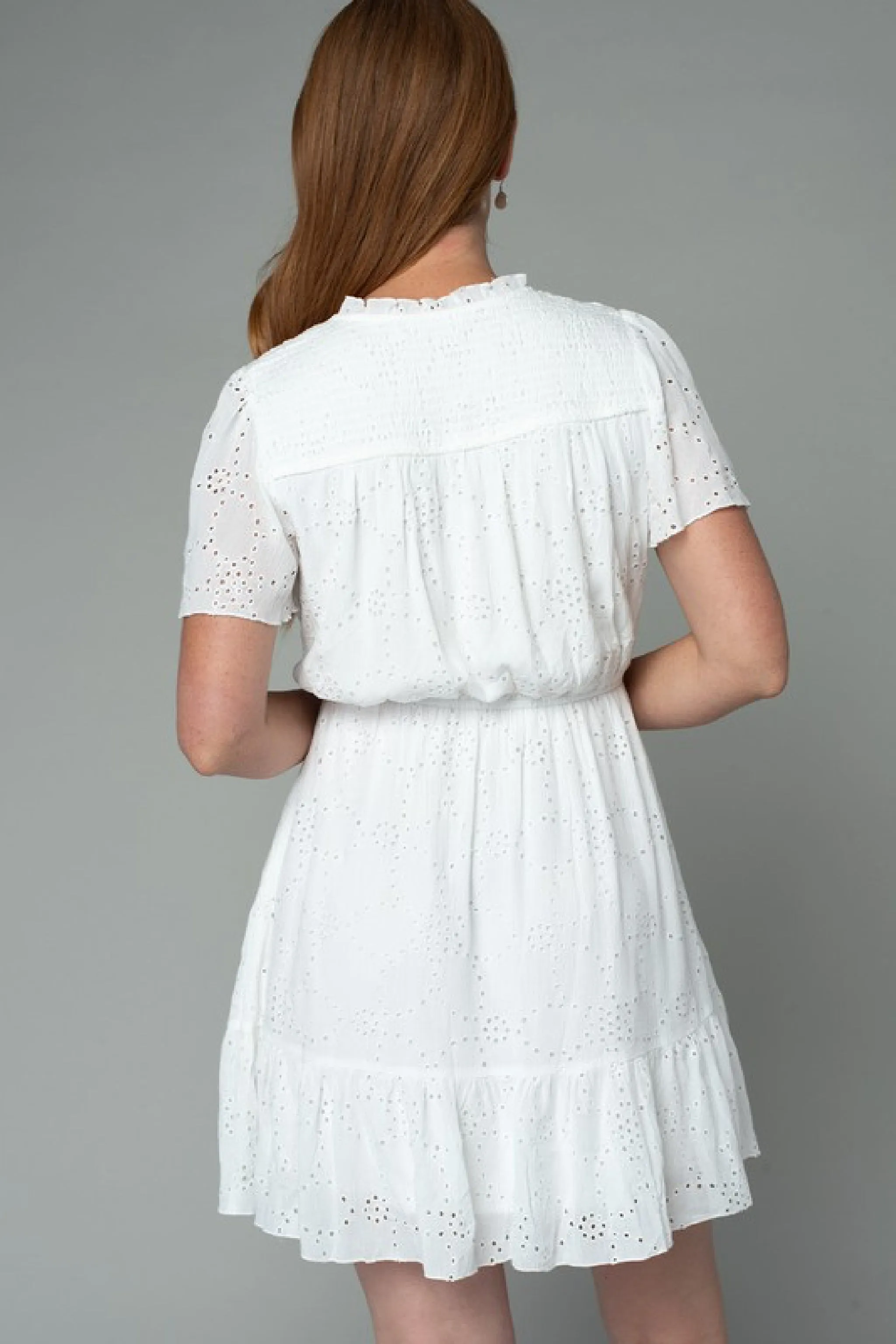 Megan Short Sleeve Eyelet Mini Dress White
