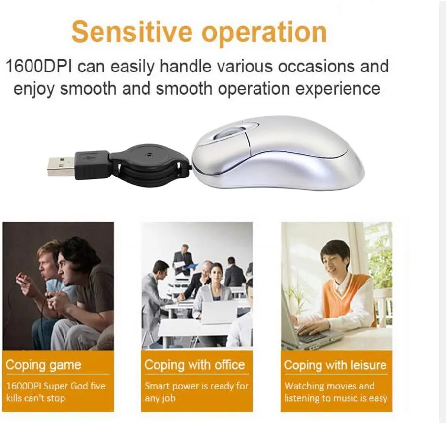 Mini USB Wired Mouse,Retractable Cable Tiny Small Mouse for 3-8 Years Kids Children,1600 DPI Optical Compact Travel Mice with 2.3-Foot USB Cord for Kid Laptop Computer (Silver)