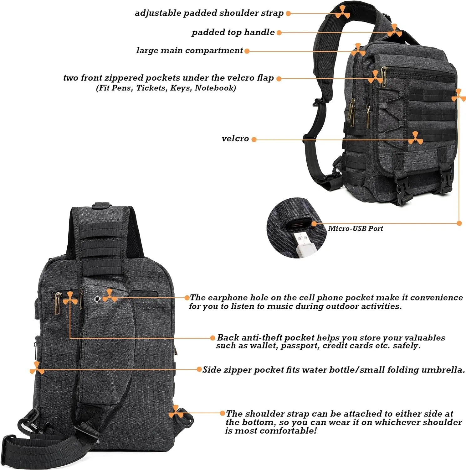 NICGID Sling Bags Chest Shoulder Backpacks, 13.3'' 14.1'' 15.6''Laptop Backpack Crossbody Messenger Bag Travel Outdoor