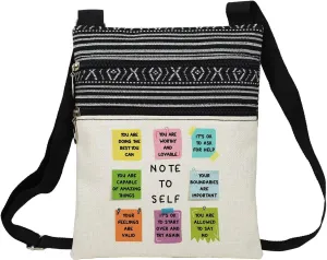 Note To Self Messenger Bag Small Ethnic Pattern Printed Adjustable Strap Crossbody Zipper Bag Inspirational Slogan Phone Bag Wallet Cute Shoulder Handbag for Women Friends