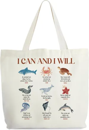 Ocean Animals Tote Bag for Women, I Can And I Will Marine Biology Tote, Ocean Nature Gift Bag, Sealife Library Book Bag, Save The Ocean Shoulder Bag Gifts for Ocean Lovers Friends Colleagues -42