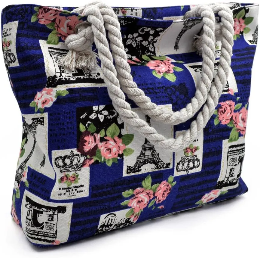 Paris Eiffel Tower Music Notes Floral Print Canvas Tote Shoulder Bag Handbag