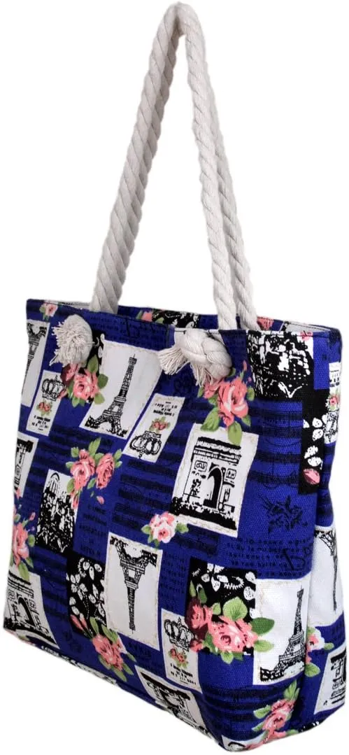 Paris Eiffel Tower Music Notes Floral Print Canvas Tote Shoulder Bag Handbag