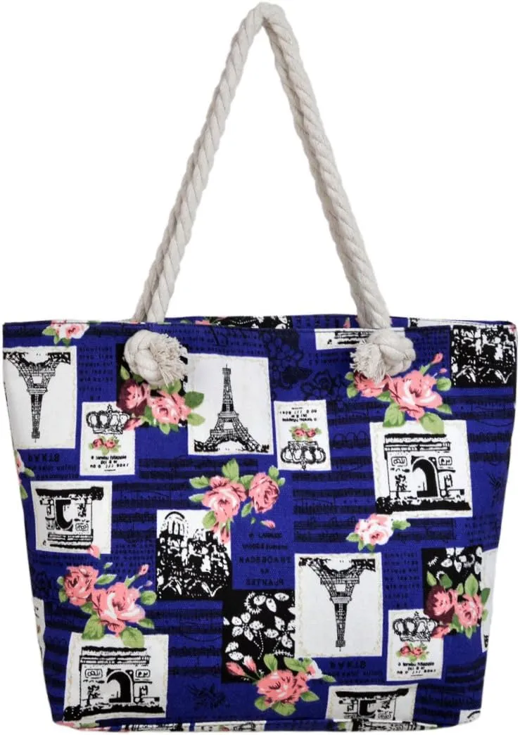 Paris Eiffel Tower Music Notes Floral Print Canvas Tote Shoulder Bag Handbag