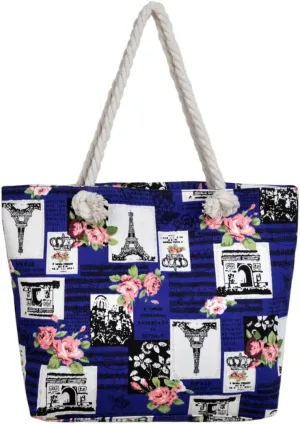 Paris Eiffel Tower Music Notes Floral Print Canvas Tote Shoulder Bag Handbag