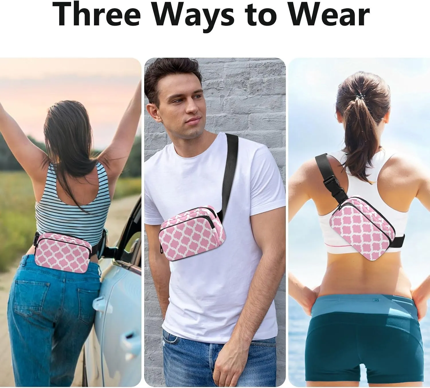 Pink Moroccan Fanny Packs for Women Belt Bag Crossbody Bag Waterproof Fanny Pack Small Sling Bags Fashion Waist Packs Cross Body Bag for Sports Running Traveling Hiking Men