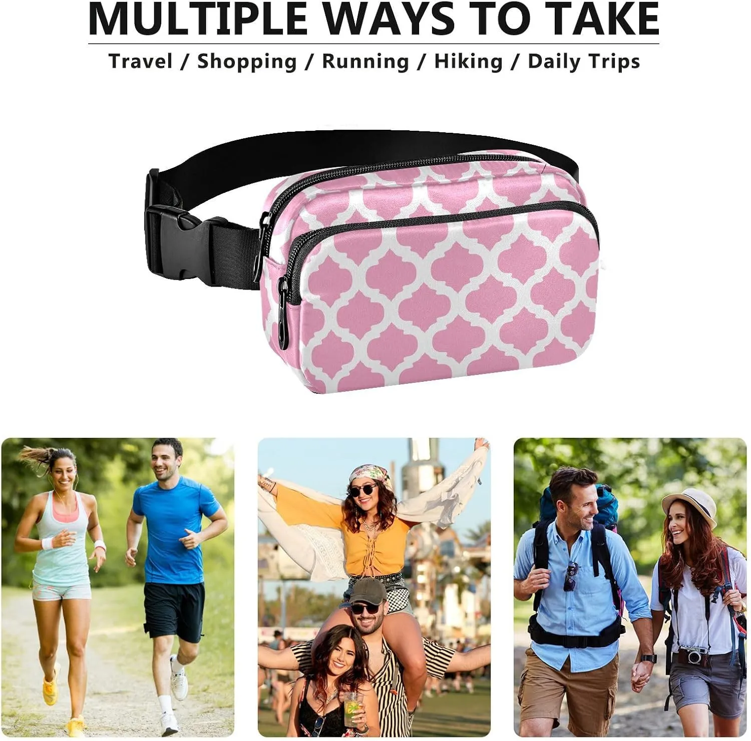 Pink Moroccan Fanny Packs for Women Belt Bag Crossbody Bag Waterproof Fanny Pack Small Sling Bags Fashion Waist Packs Cross Body Bag for Sports Running Traveling Hiking Men