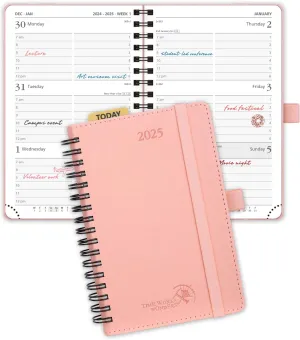 POPRUN Pocket Calendar 2025 Planner Weekly and Monthly for Purse - Planner 2025 with Vegan Leather Soft Cover, Plastic Ruler, Pen Holder and More,4" x 6.25"- Pink