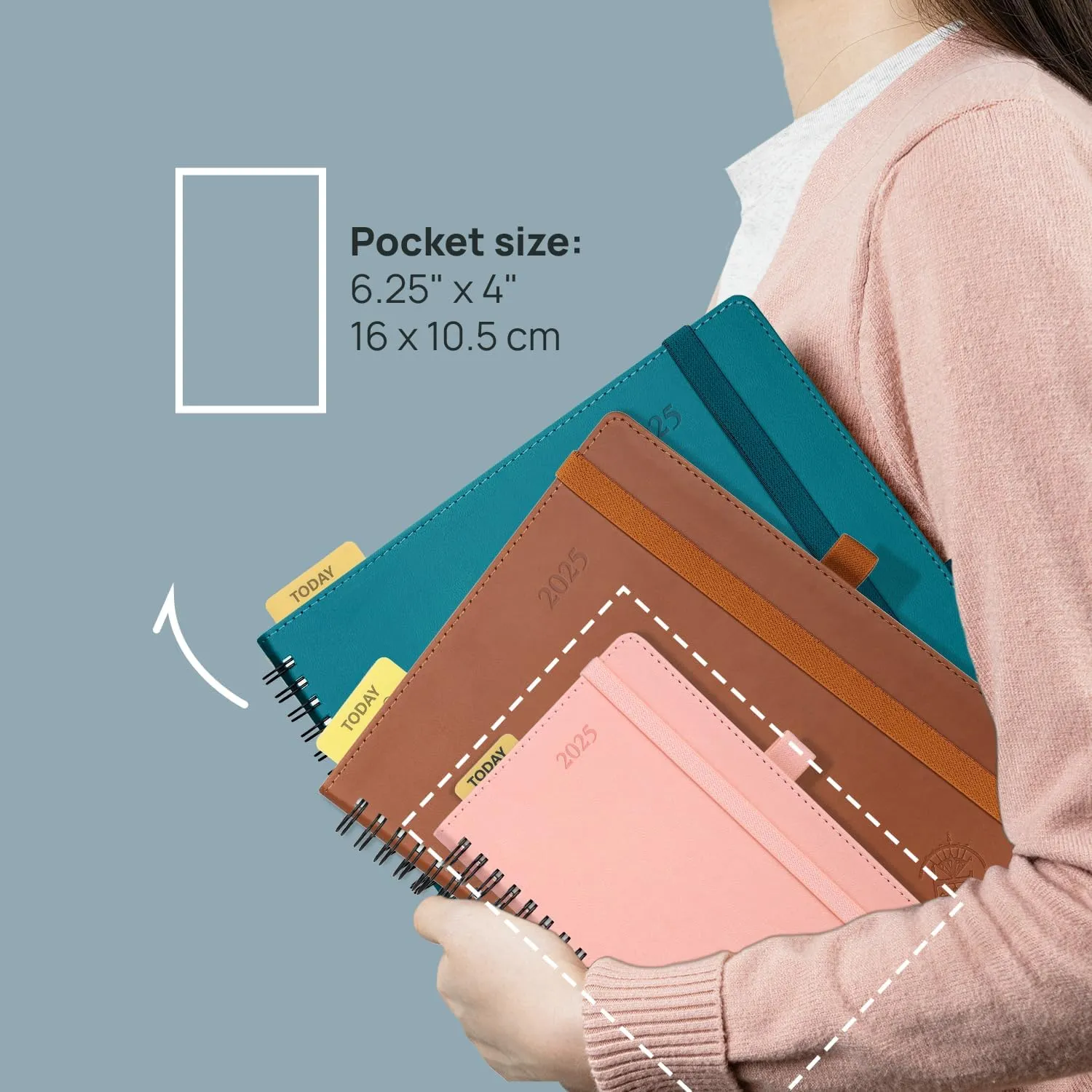 POPRUN Pocket Calendar 2025 Planner Weekly and Monthly for Purse - Planner 2025 with Vegan Leather Soft Cover, Plastic Ruler, Pen Holder and More,4" x 6.25"- Pink