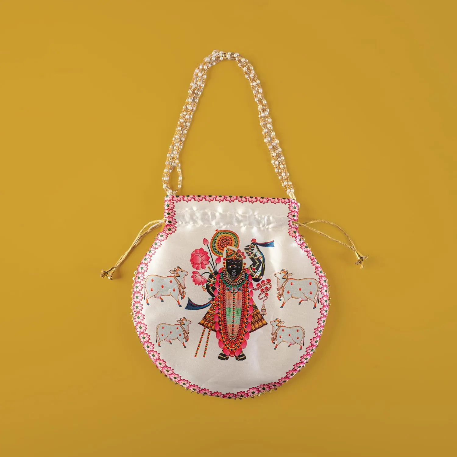 Potli Clutch Batawa Bag Purse Embroidered Embellished Handmade Traditional Ethnic Golden Work Ladies Handbag for Women for Party Wedding Special Occasion and Gifting (Shreenathji)