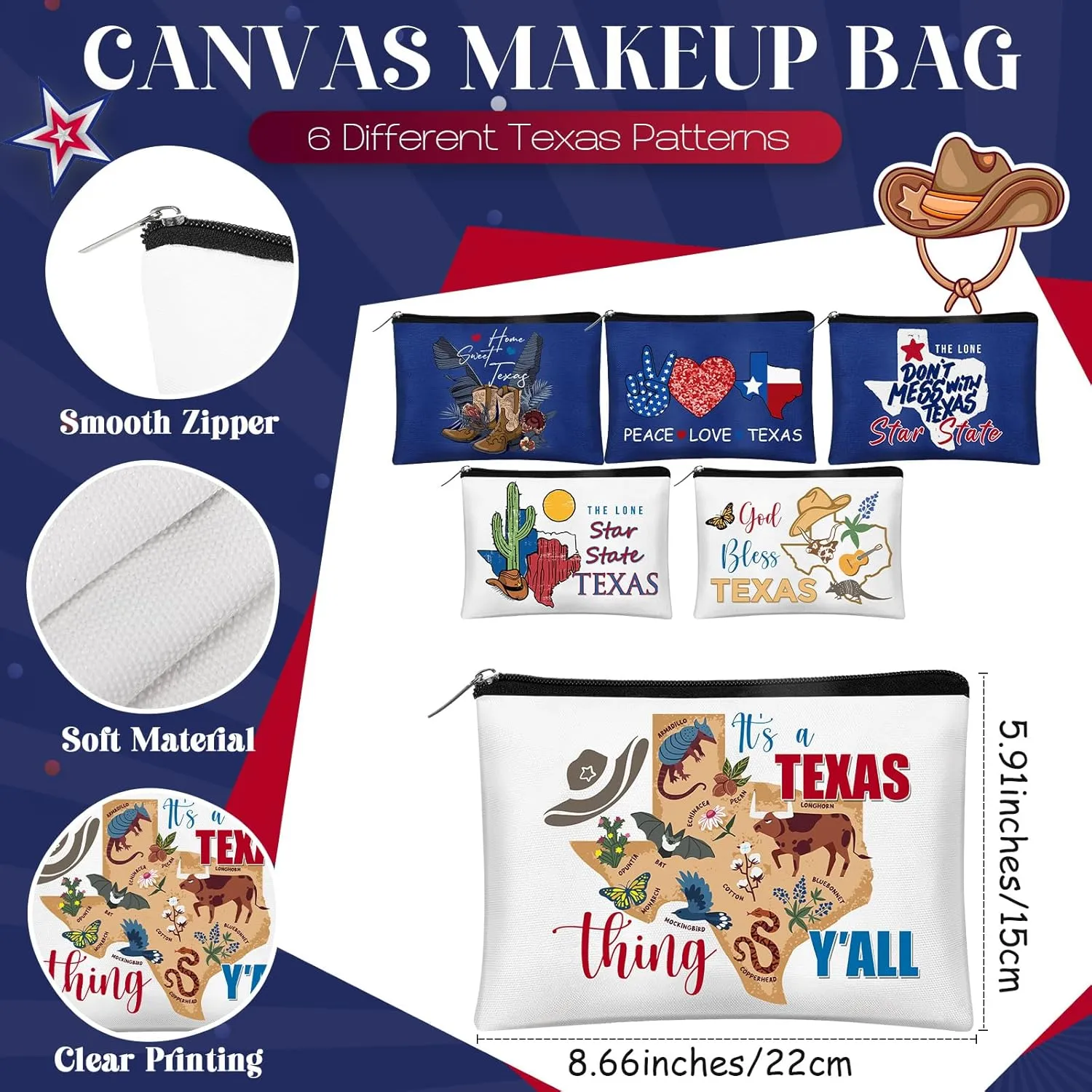 Reginary 6 Pcs Texas Cosmetic Bag Souvenir Gifts California Souvenir Makeup Bag Florida Souvenir Gifts Zipper Pouch for Women Traveler Party Favors