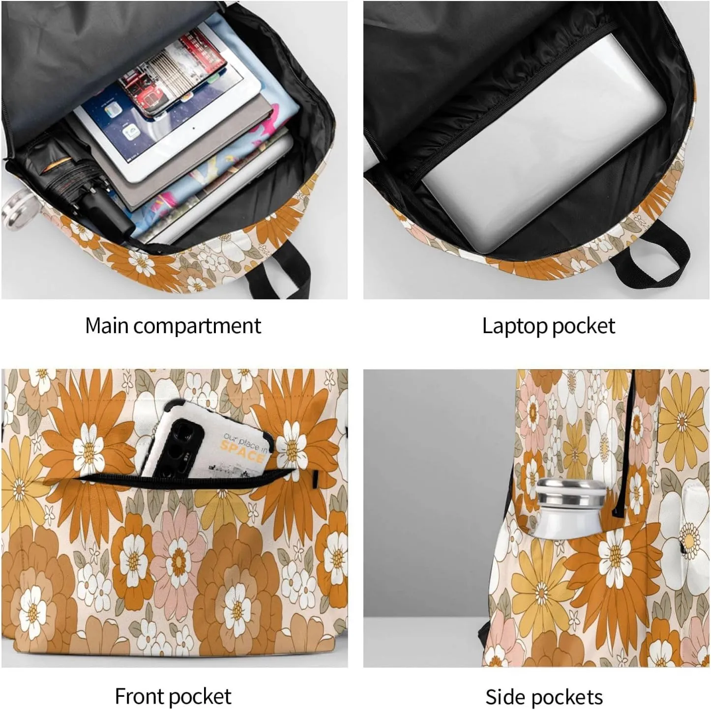 Retro Flowers Stylish Backpack With Adjustable Padded Shoulder Straps Daypacks For College Travel