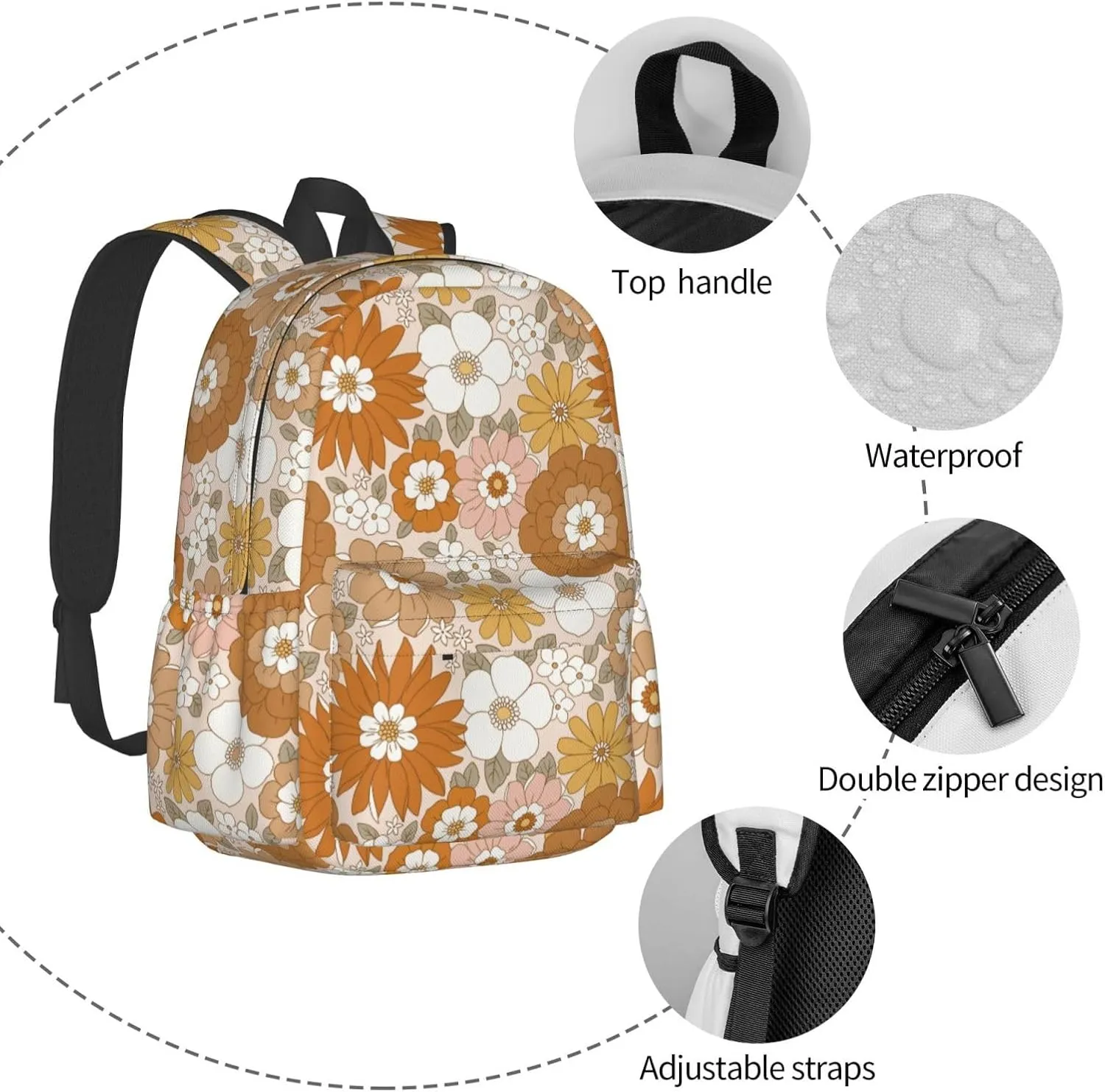 Retro Flowers Stylish Backpack With Adjustable Padded Shoulder Straps Daypacks For College Travel
