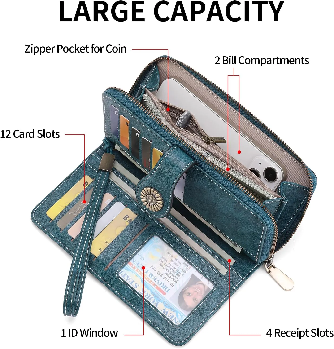 SENDEFN Wallet for Women RFID Blocking Leather Clutch Long Purse Large Capacity Credit Card Holder Wristlet