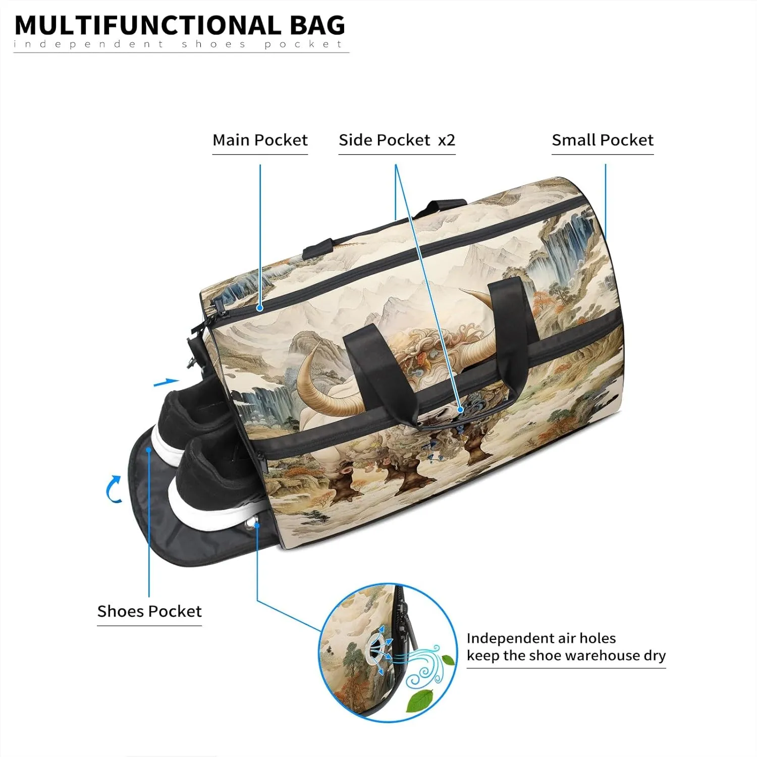 Sports Gym Bag for Women, Sport Duffle Workout Bags with Shoe Compartment, Small Womens Gym Bags, Chinese Painting Cow - 5