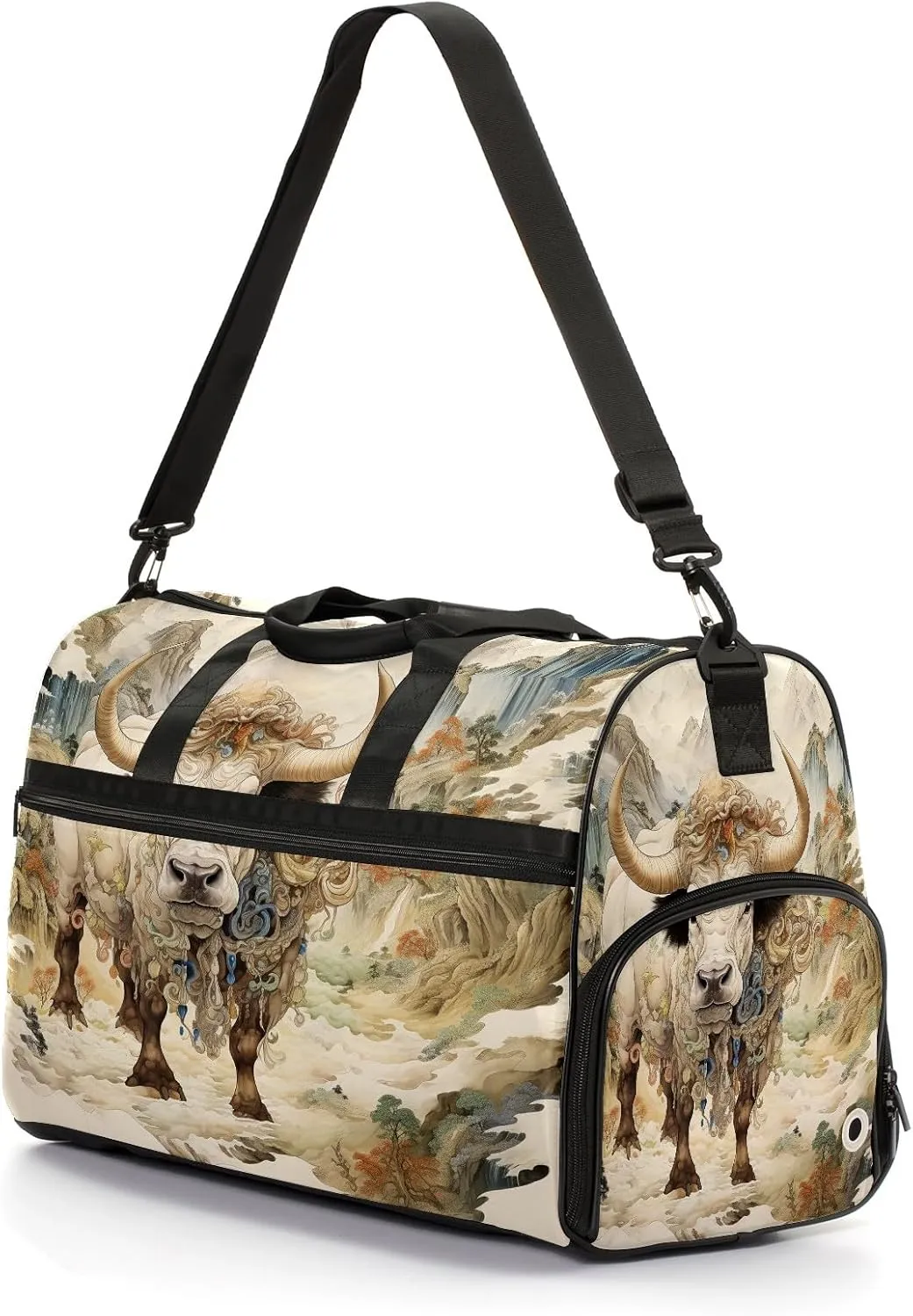 Sports Gym Bag for Women, Sport Duffle Workout Bags with Shoe Compartment, Small Womens Gym Bags, Chinese Painting Cow - 5