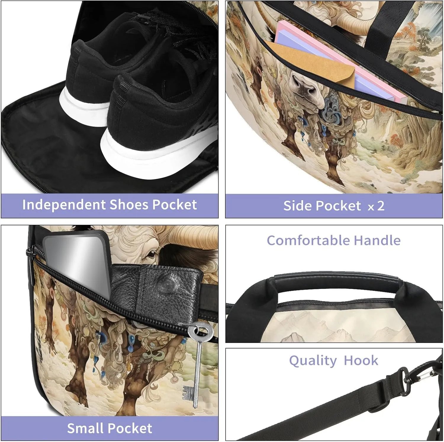 Sports Gym Bag for Women, Sport Duffle Workout Bags with Shoe Compartment, Small Womens Gym Bags, Chinese Painting Cow - 5