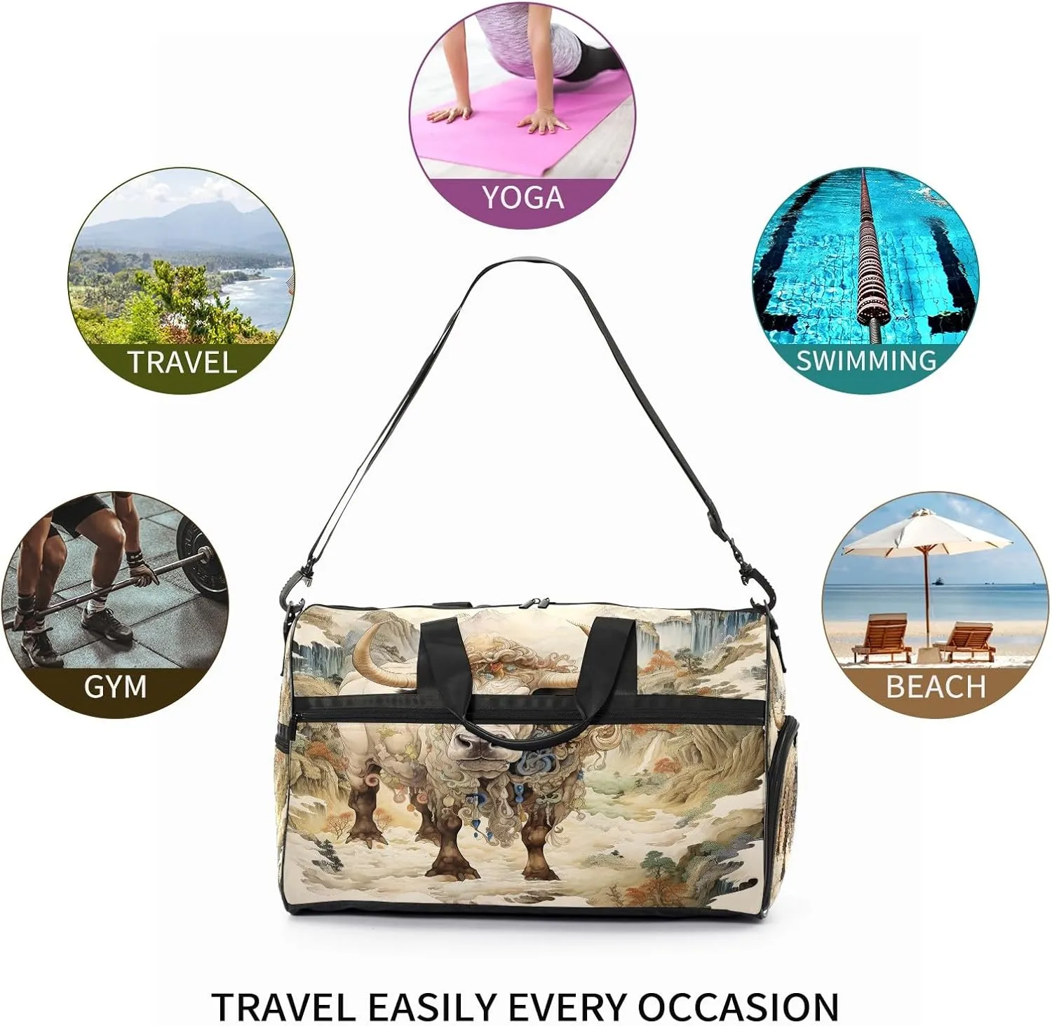Sports Gym Bag for Women, Sport Duffle Workout Bags with Shoe Compartment, Small Womens Gym Bags, Chinese Painting Cow - 5