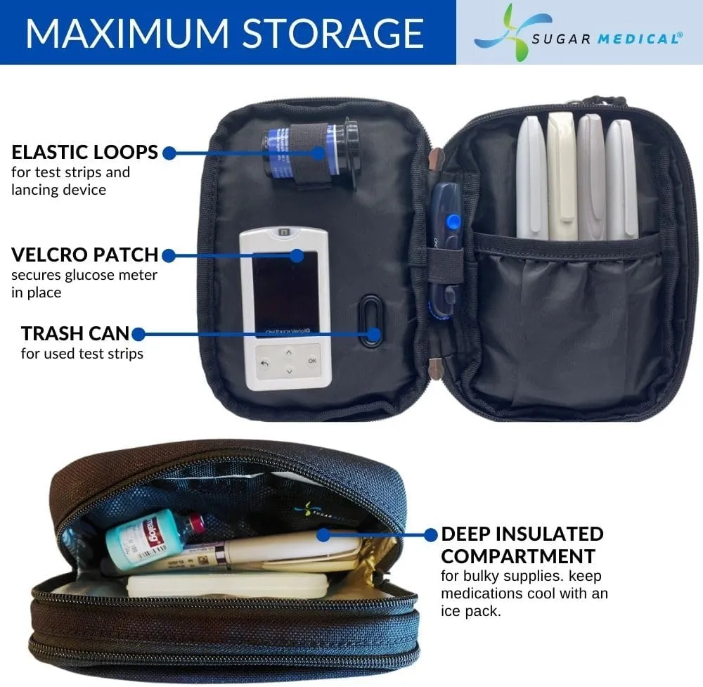 Sugar Medical Insulated Diabetes Supply Bag  Glucose Meter Case & Diabetic Organizer | Crossbody or Belt Bag for Insulin, Test Strips, Lancets & More. (Black)