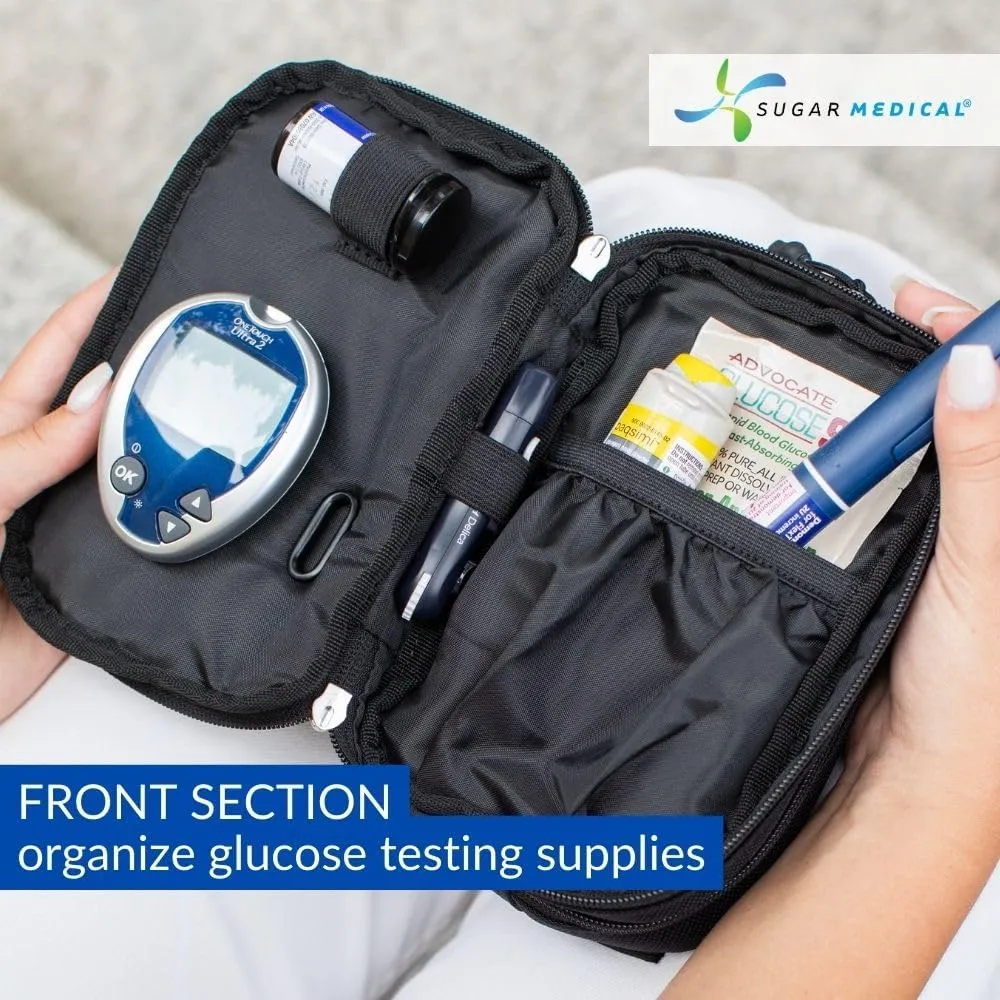 Sugar Medical Insulated Diabetes Supply Bag  Glucose Meter Case & Diabetic Organizer | Crossbody or Belt Bag for Insulin, Test Strips, Lancets & More. (Black)