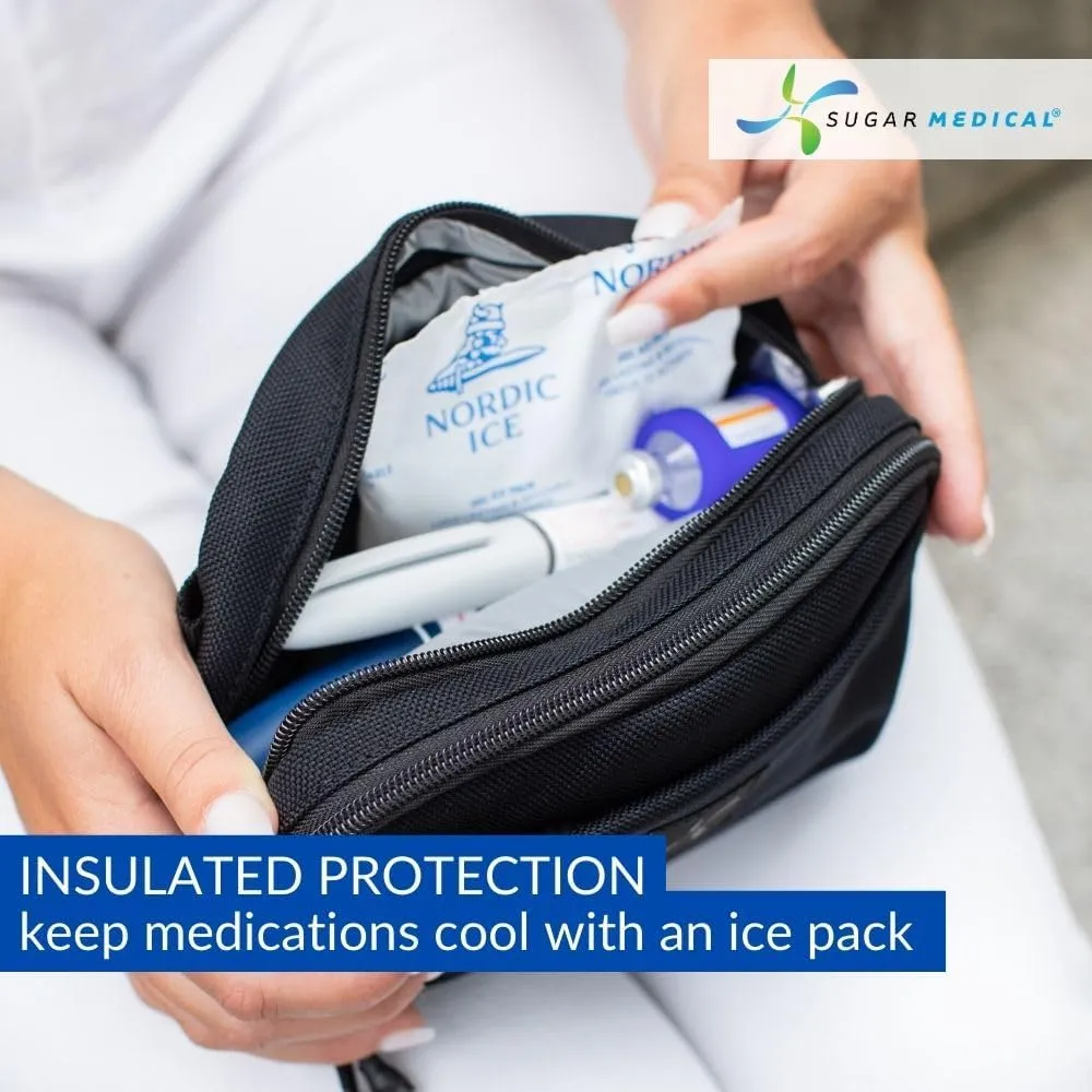 Sugar Medical Insulated Diabetes Supply Bag  Glucose Meter Case & Diabetic Organizer | Crossbody or Belt Bag for Insulin, Test Strips, Lancets & More. (Black)