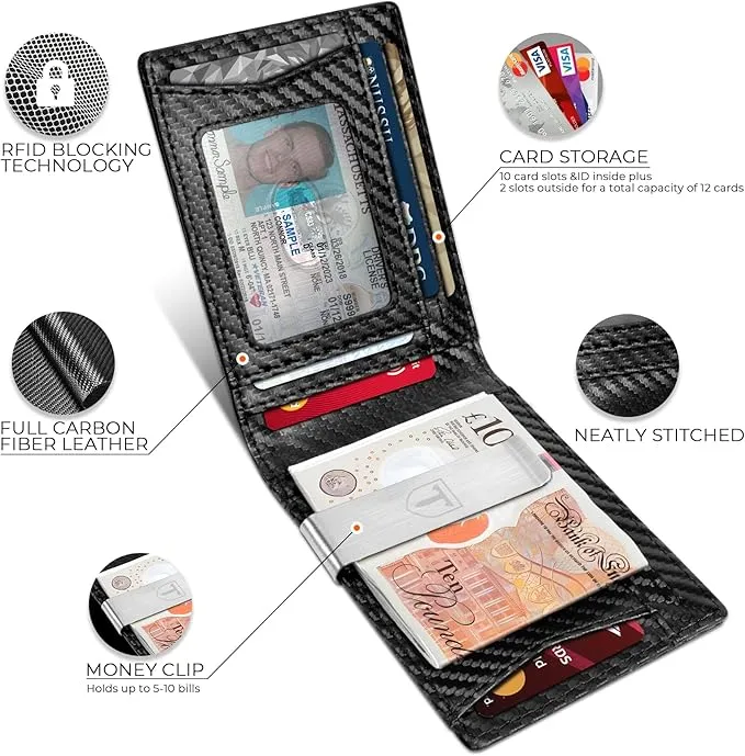 TEEHON Mens Wallets Slim RFID Blocking Carbon Fiber Leather Wallets Mens with up to 12 Credit Card Holder,Minimalist Bi-Fold Wallets - Black