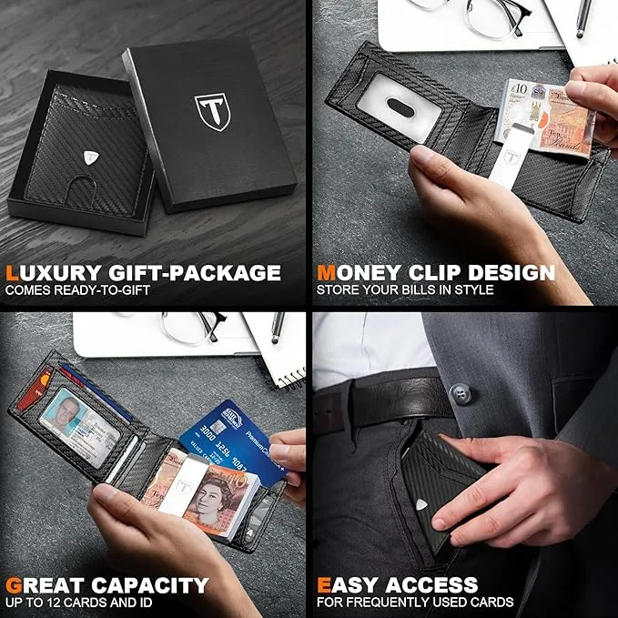 TEEHON Mens Wallets Slim RFID Blocking Carbon Fiber Leather Wallets Mens with up to 12 Credit Card Holder,Minimalist Bi-Fold Wallets - Black