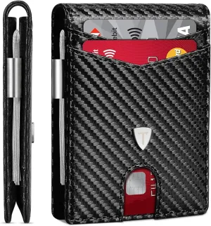 TEEHON Mens Wallets Slim RFID Blocking Carbon Fiber Leather Wallets Mens with up to 12 Credit Card Holder,Minimalist Bi-Fold Wallets - Black