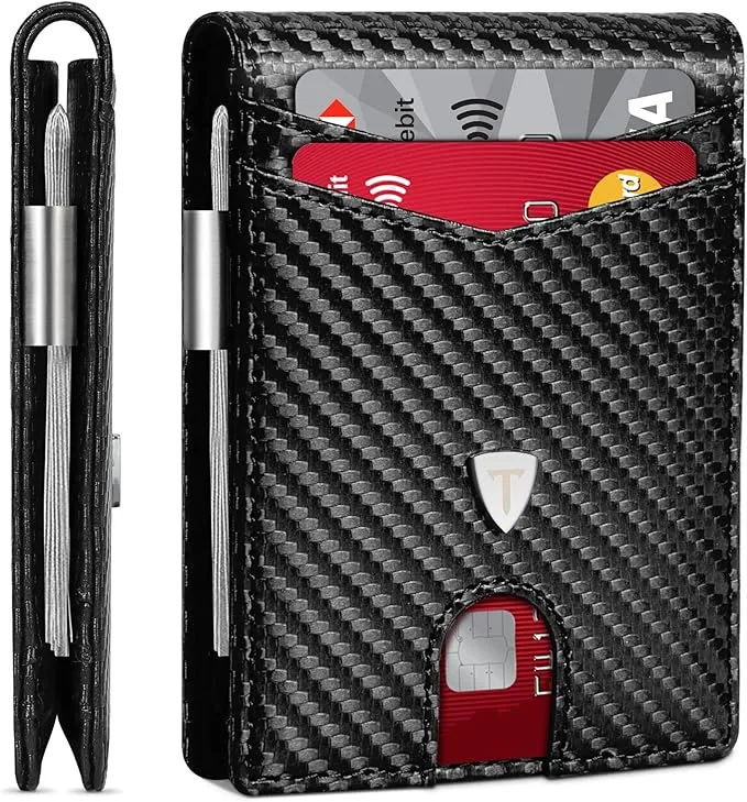 TEEHON Mens Wallets Slim RFID Blocking Carbon Fiber Leather Wallets Mens with up to 12 Credit Card Holder,Minimalist Bi-Fold Wallets - Black