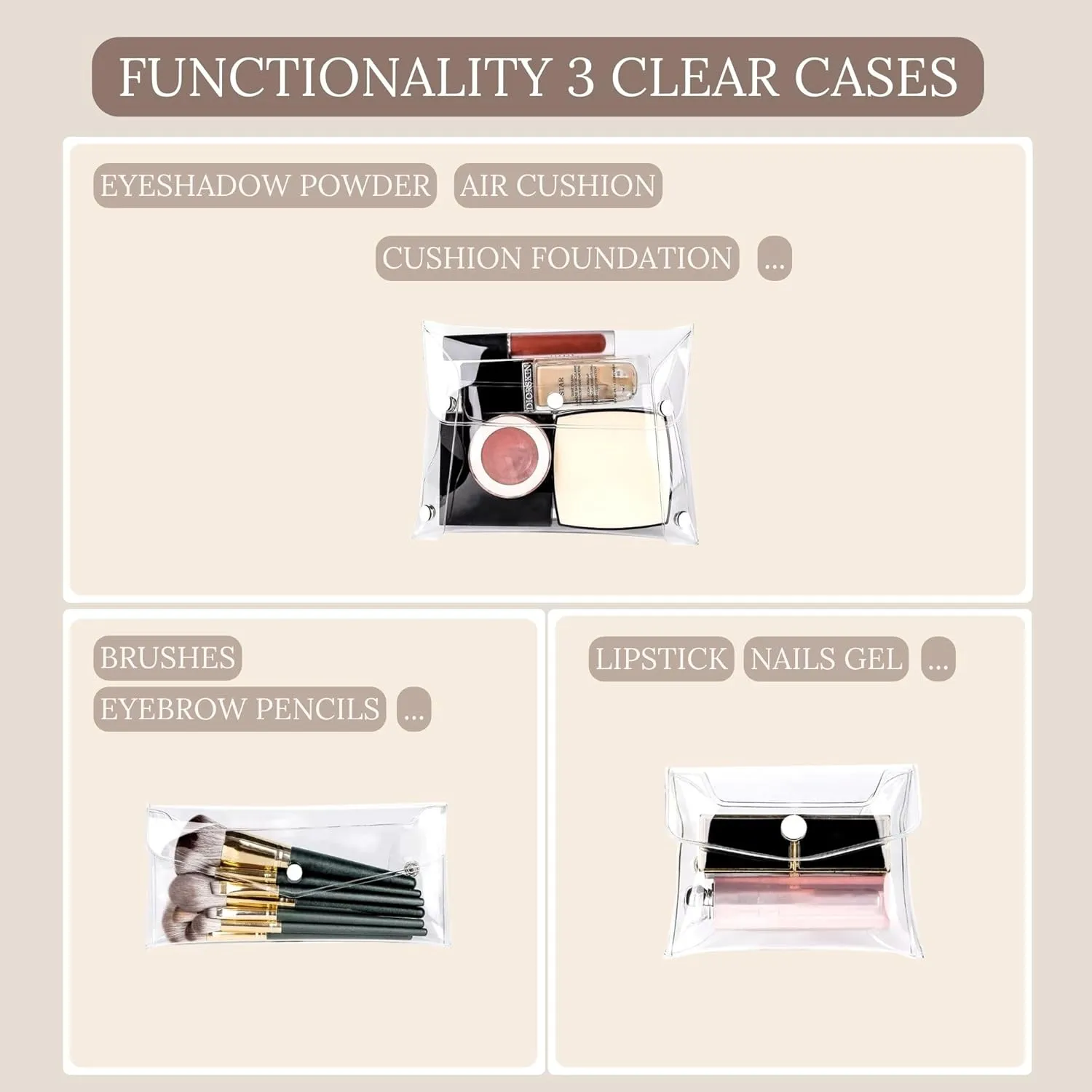 Travel Makeup Bag Organizer, Waterproof Small Makeup Bag for Purse, Toiletry Bag for Women, Cosmetic Bag, Makeup Case, Mini Make up Bags, PVC Purse Organizer Pouches (3 Pcs Set)