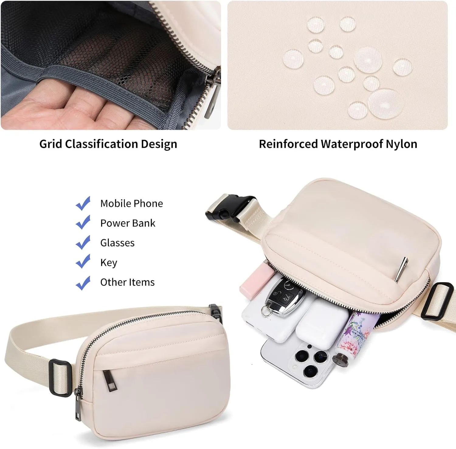 Unisex Belt Bag Fanny pack crossbody bags Everywhere Waist packs with Adjustable Strap (IVORY)