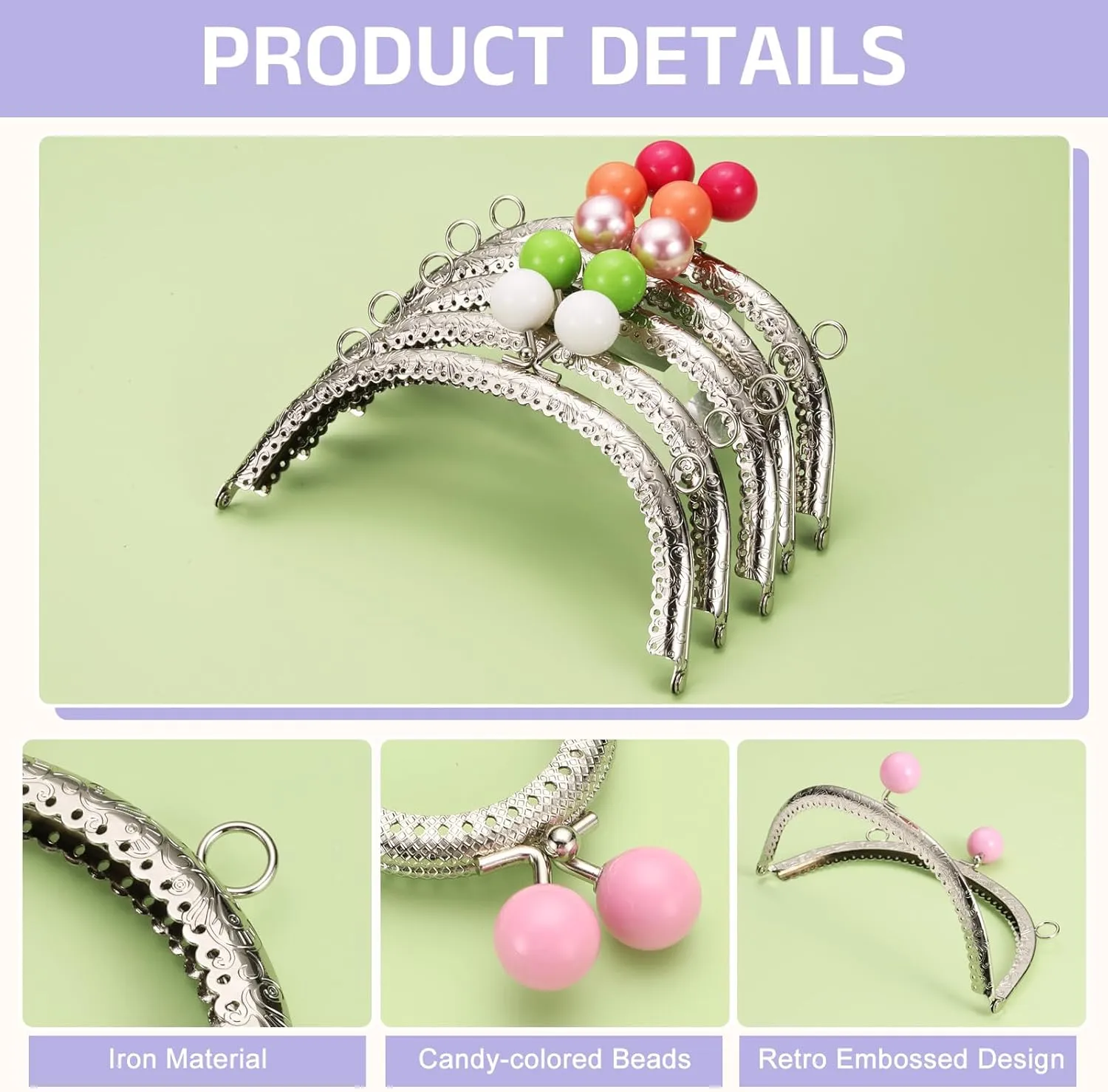 uxcell Metal Purse Frame, 16.5cm/6.5" Beads Silver Kiss Lock Clasp Arch Embossing Bag Frames for Purse Making Clutch Bag Coin Purse, Orange
