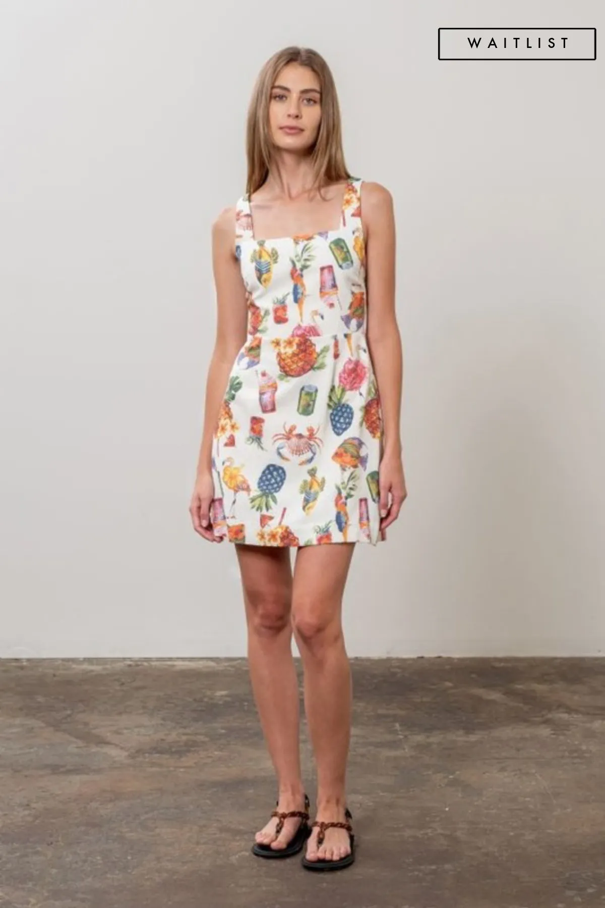 Waitlist 3/5 ♥ Mckenzie Sleeveless Tropical Print Mini Dress Cream