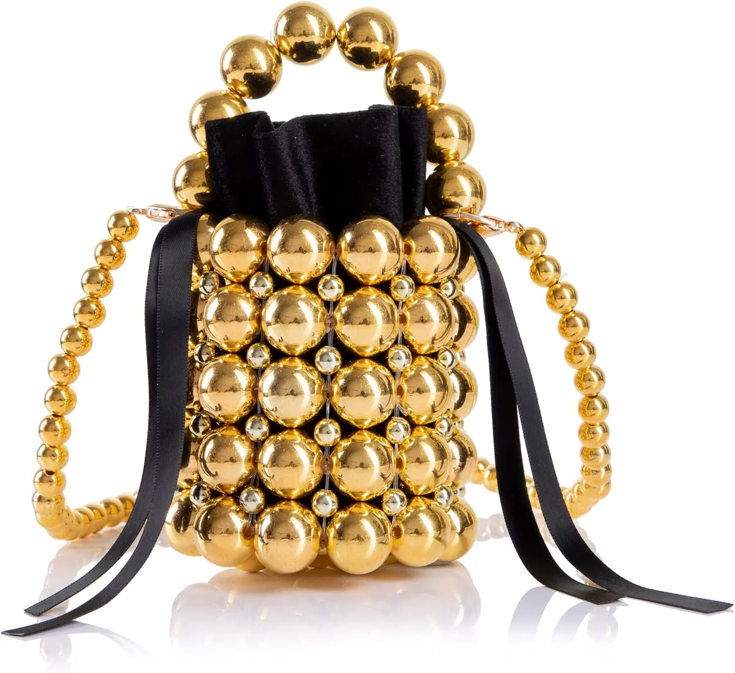 Women Beaded Evening Bucket Bag Small Lipstick Handbag Velvet Lining with Detachable Chain for Wedding Party