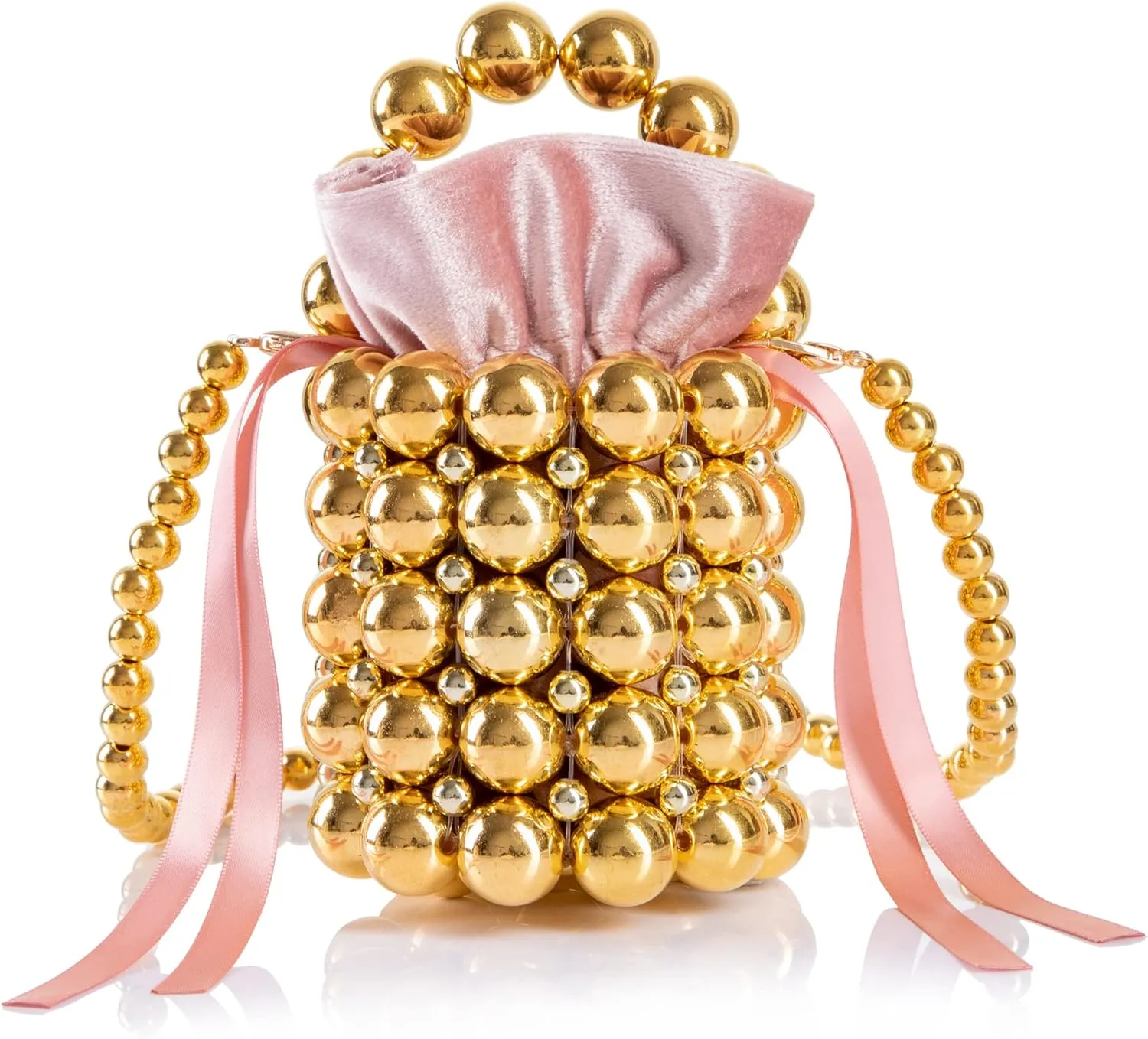 Women Beaded Evening Bucket Bag Small Lipstick Handbag Velvet Lining with Detachable Chain for Wedding Party