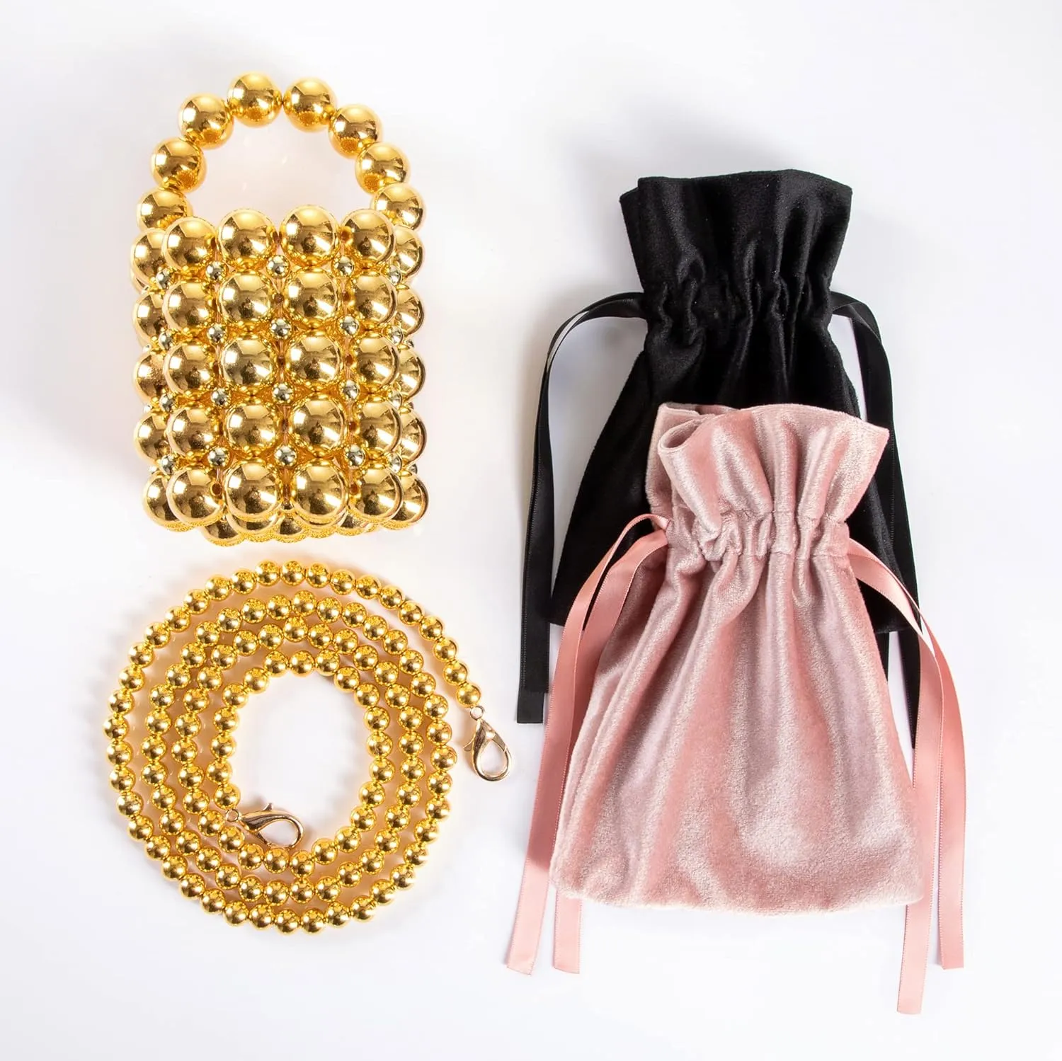 Women Beaded Evening Bucket Bag Small Lipstick Handbag Velvet Lining with Detachable Chain for Wedding Party