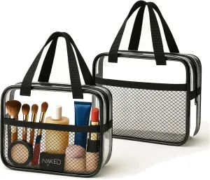 XEWEA 2PCS Middle TSA Approved Clear Travel Toiletry Bags for Men Women,Transparent Makeup Cosmetic Bag with Handle Zipper, Waterproof PVC Quart Organizer Pouch for Airport Airline Essential, Balck