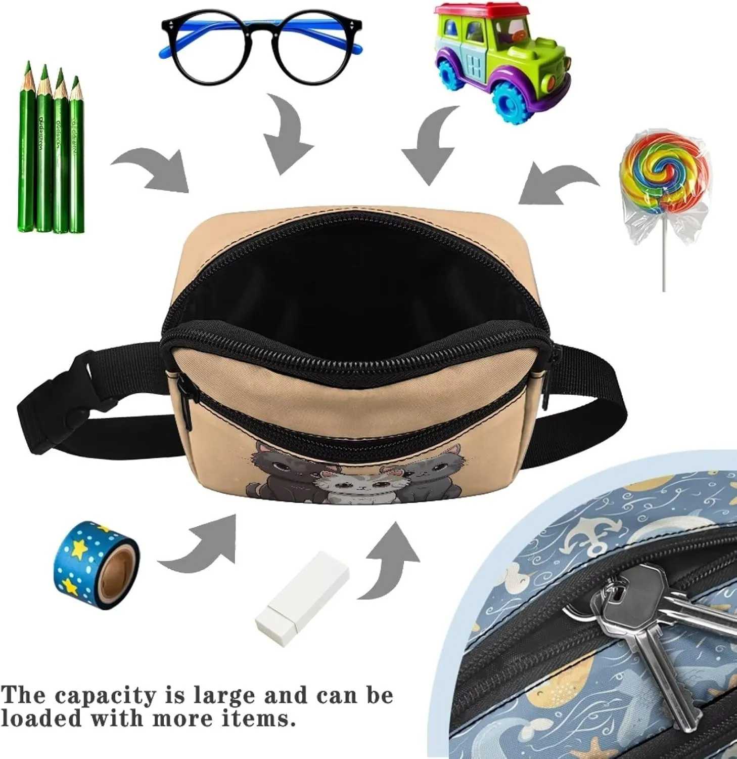 Xpyiqun Cute Cat Waist Bag with Adjustable Shoulder Strap Sling Shoulder Bag Girls Fanny Pack Small Messenger Bag Mini Zipper Belt Bag Teens Sport Travel Waist Packs Cross Body Purse Chest Bag